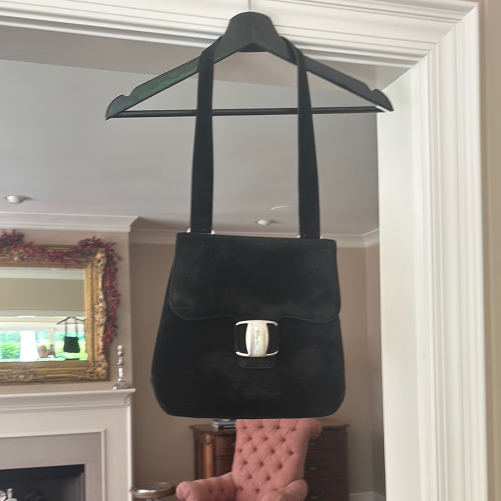 Salvatore Ferragamo Vintage Black suede bag with silver buckle.